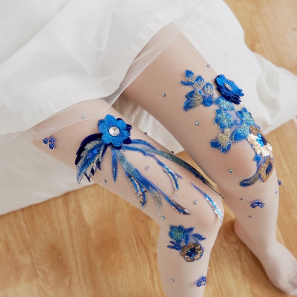 Handmade Sheer Stockings w/ Blue Flowers & Sequins - Picture 5 of 7